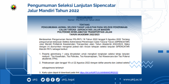 Pengumuman Seleksi Lanjutan Sipencatar Jalur Mandiri Tahun 2022