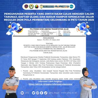 Pengumuman Peserta Lulus dan Daftar Ulang Jalur Reguler (Non Polbit) Gelombang III Tahun 2025