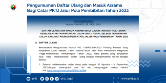 Pengumuman Daftar Ulang dan Masuk Asrama Bagi Catar PKTJ Jalur Pola Pembibitan Tahun 2022