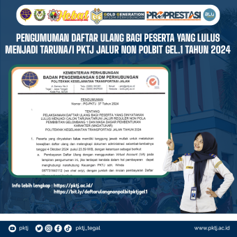 PENGUMUMAN PESERTA YANG DINYATAKAN LULUS MENJADI CALON TARUNA/I JALUR REGULER NON POLBIT GELOMBANG 1 PKTJ TAHUN 2024 TELAH KELUAR