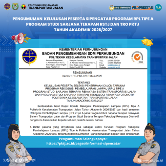 PKTJ Umumkan Kelulusan Peserta Seleksi Program Rekognisi Pembelajaran Lampau (RPL) Tahun Akademik 2026/2027