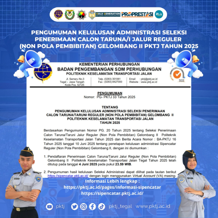 Pengumuman Kelulusan Administrasi Sipencatar Jalur Reguler (Non Pola Pembibitan) Gelombang II