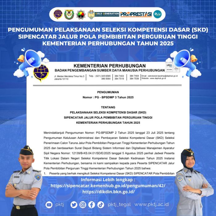 PENGUMUMAN PELAKSANAAN SELEKSI KOMPETENSI DASAR (SKD) SIPENCATAR JALUR POLA PEMBIBITAN PERGURUAN TINGGI KEMENTERIAN PERHUBUNGAN TAHUN 2025