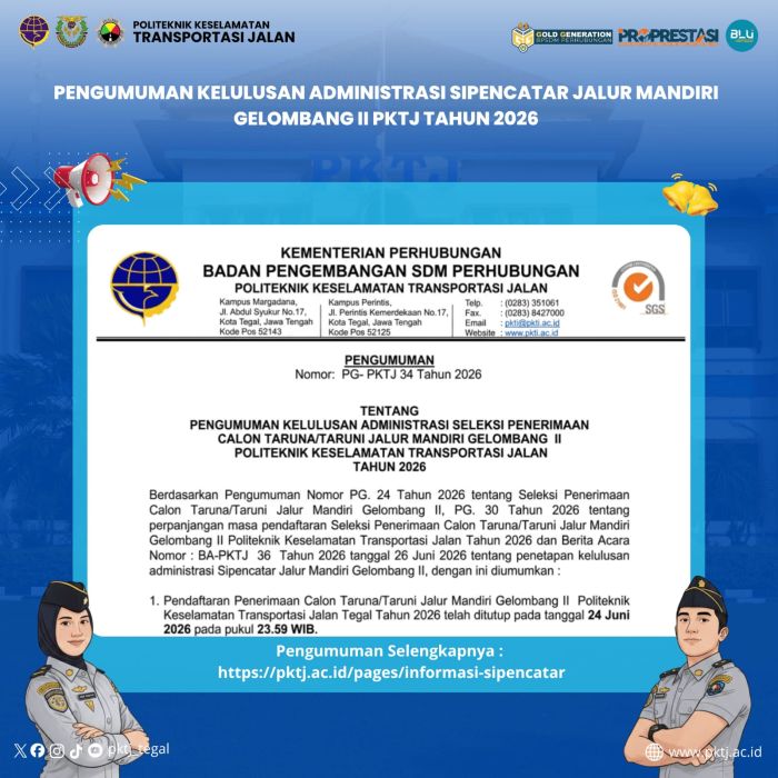 Pengumuman Kelulusan Seleksi Administrasi SIPENCATAR Jalur Mandiri Gelombang II PKTJ Tahun 2026