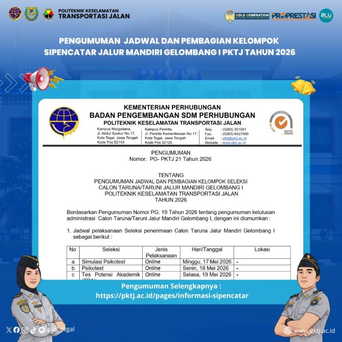 Pengumuman Jadwal dan Pembagian Kelompok SIPENCATAR Jalur Mandiri Gelombang I Tahun 2026