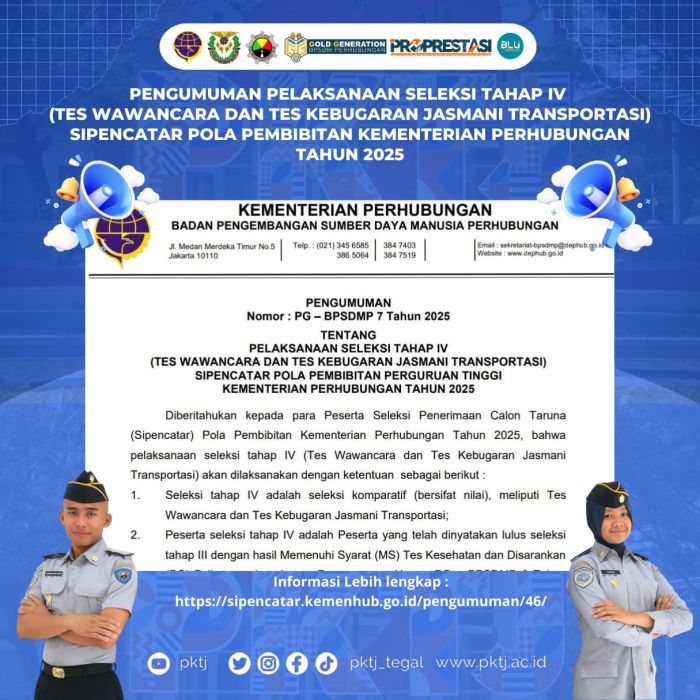 Pengumuman Pelaksanaan Seleksi Tahap IV Sipencatar Pola Pembibitan Kemenhub Tahun 2025