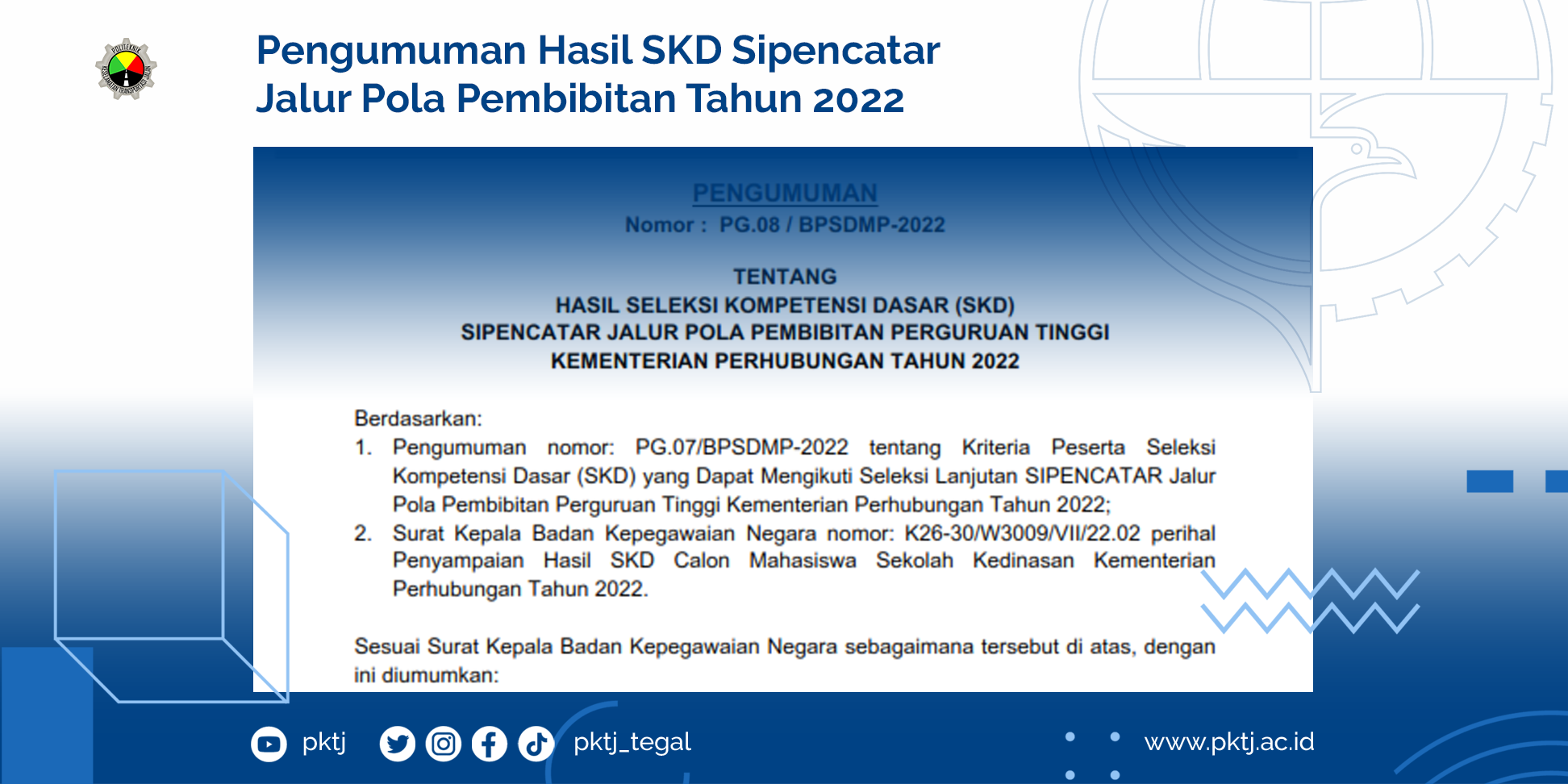 Pengumuman Hasil SKD Sipencatar Jalur Reguler Pola Pembibitan TA 2022