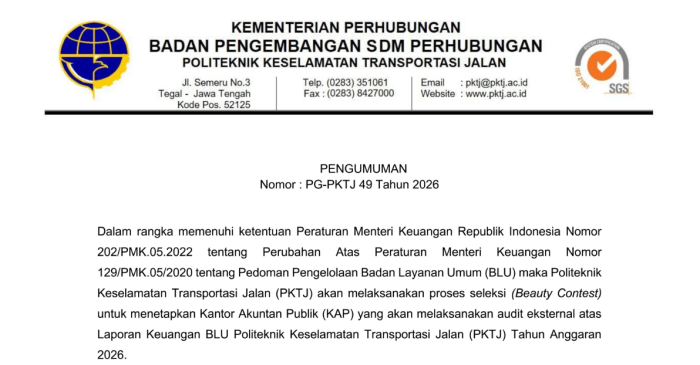 Pengumuman Seleksi (Beauty Contest) Kantor Akuntan Publik (KAP) PKTJ Tahun Anggaran 2026