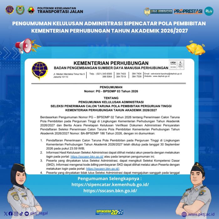 Pengumuman Kelulusan Administrasi SIPENCATAR Pola Pembibitan Kementerian Perhubungan Tahun 2026