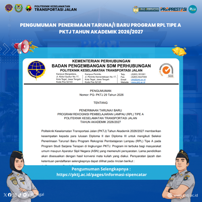 PKTJ Buka Penerimaan Taruna Baru Program Rekognisi Pembelajaran Lampau (RPL) Tipe A Tahun Akademik 2026/2027