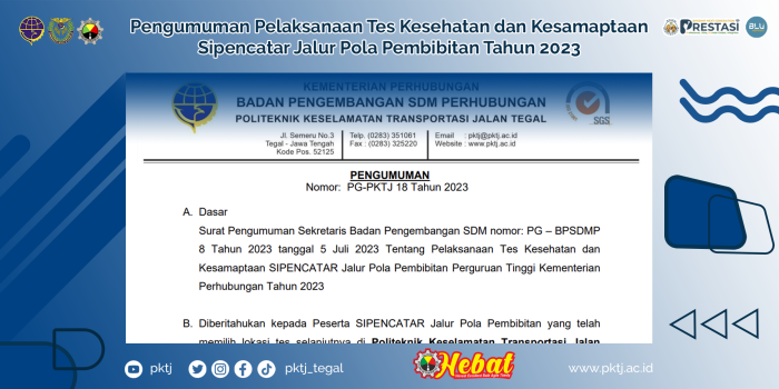 Pengumuman Pelaksanaan Tes Kesehatan dan Kesamaptaan Sipencatar Jalur Pola Pembibitan Tahun 2023