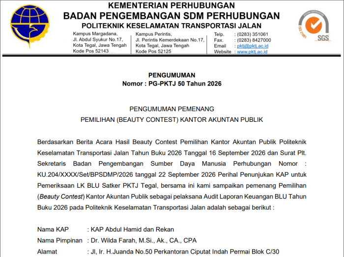 PKTJ Umumkan Pemenang Pemilihan (Beauty Contest) Kantor Akuntan Publik (KAP) Tahun Anggaran 2026