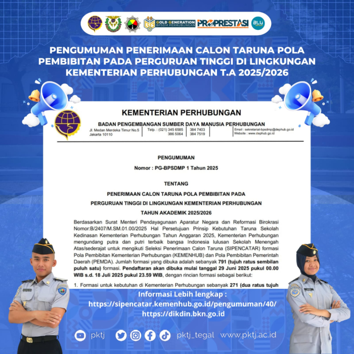 SIPENCATAR POLA PEMBIBITAN TAHUN 2025 Resmi Dibuka, Ini Saatnya Wujudkan Cita-Cita Jadi Taruna Kementerian Perhubungan