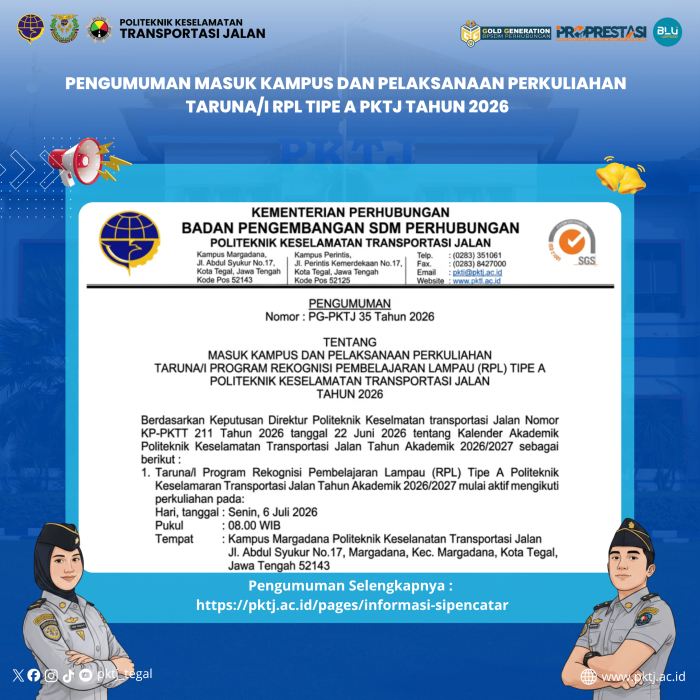 Pengumuman Jadwal Masuk Kampus dan Perkuliahan Taruna/i Program RPL Tipe A PKTJ Tahun Akademik 2026/2027