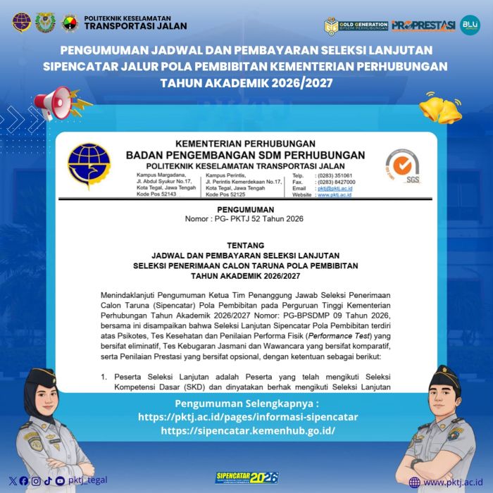 Pengumuman Jadwal, Lokasi, dan Pembayaran Seleksi Lanjutan SIPENCATAR Pola Pembibitan Kemenhub Tahun 2026