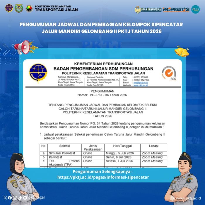 Pengumuman Jadwal dan Pembagian Kelompok SIPENCATAR Jalur Mandiri Gelombang II PKTJ Tahun 2026