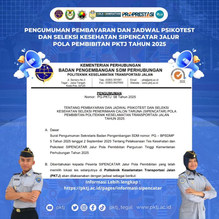 Pengumuman Pembayaran dan Jadwal Psikotest & Seleksi Kesehatan Sipencatar Jalur Pola Pembibitan Kemenhub Tahun 2025