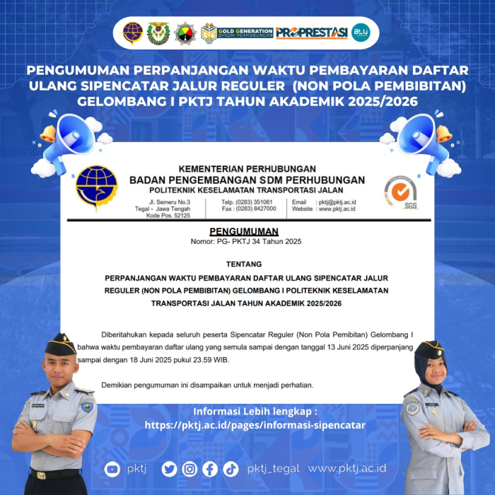 Pengumuman Perpanjangan Daftar Ulang Sipencatar Jalur Reguler (Non Pola Pembibitan) Gelombang I