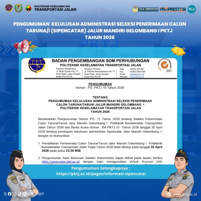 Pengumuman Kelulusan Seleksi Administrasi SIPENCATAR Jalur Mandiri Gelombang I Tahun 2026