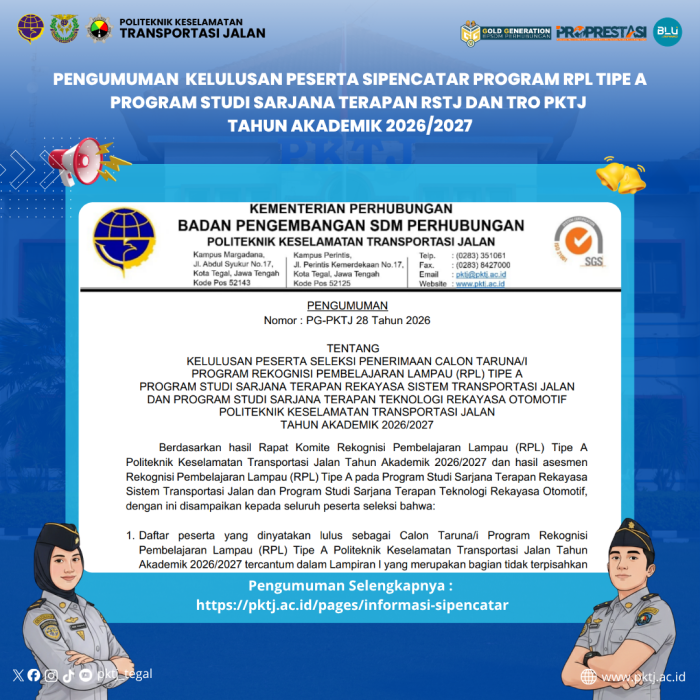PKTJ Umumkan Kelulusan Peserta Seleksi Program Rekognisi Pembelajaran Lampau (RPL) Tahun Akademik 2026/2027