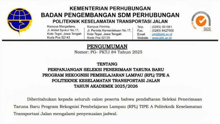 PKTJ Perpanjangan Seleksi Penerimaan Taruna Baru Program RPL Tahun Akademik 2025/2026