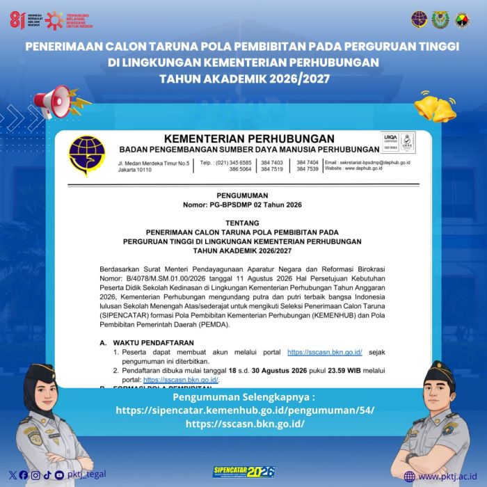 Pengumuman Penerimaan Calon Taruna Pola Pembibitan Perguruan Tinggi di Lingkungan Kementerian Perhubungan Tahun Akademik 2026/2027