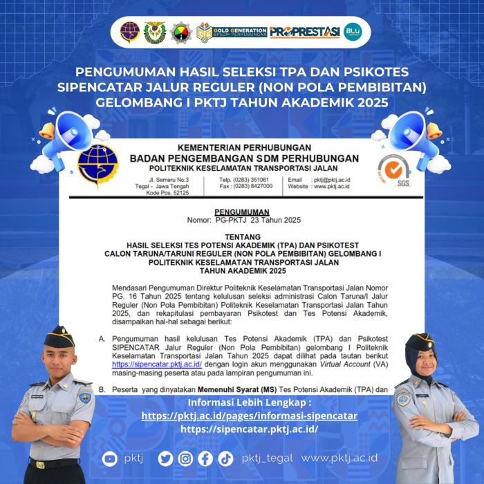 Pengumuman Hasil Tes Potensi Akademik dan Psikotest Sipencatar Jalur Reguler (Non Pola Pembibitan) Gelombang 1