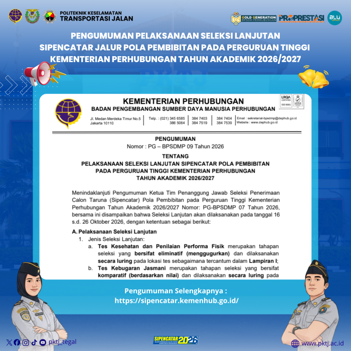 Pengumuman Pelaksanaan Seleksi Lanjutan SIPENCATAR Pola Pembibitan Kemenhub Tahun 2026