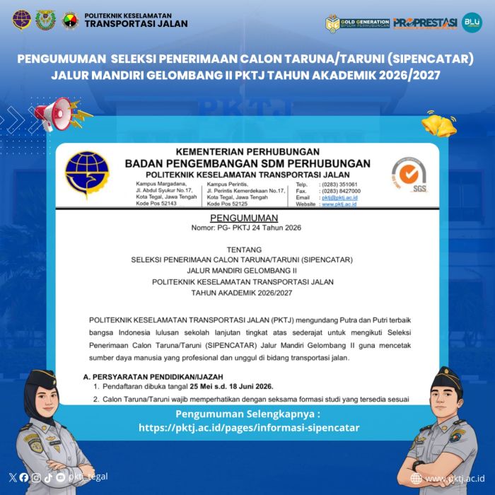 Pendaftaran SIPENCATAR Jalur Mandiri Gelombang II PKTJ Tahun 2026 Resmi Dibuka